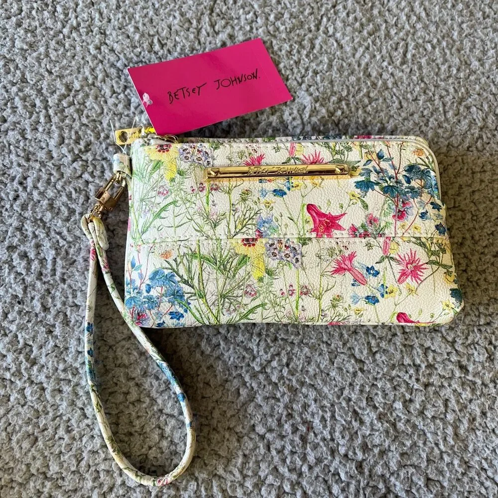 BETSEY JOHNSON  Wristlet Pouch Womens One Size Floral White Gold Wrist Strap